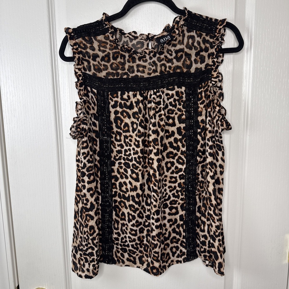 ana A New Approach Womens XL Leopard Print Blouse Lace Trim Ruffle Neck